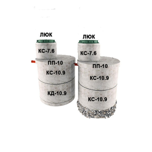2 стакана из 2х колец Ø1м с доборкой 0,6м (3хКС10.9, КД10.9, 2хПП10, 2хКС7.6)
