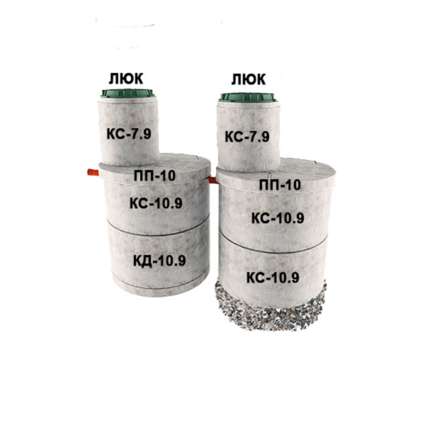 2 стакана из 2х колец Ø1м с доборкой 0,9м (3хКС10.9, КД10.9, 2хПП10, 2хКС7.9)