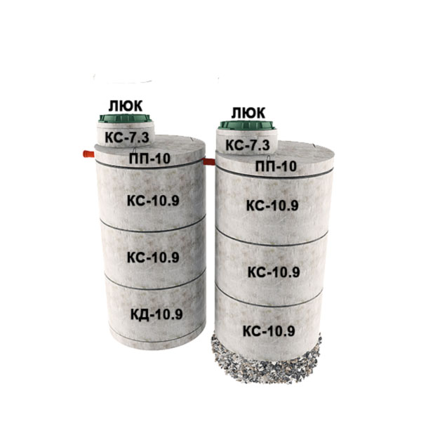 2 стакана из 3х колец Ø1м с доборкой 0,3м (5хКС10.9, КД10.9, 2хПП10, 2хКС7.3)