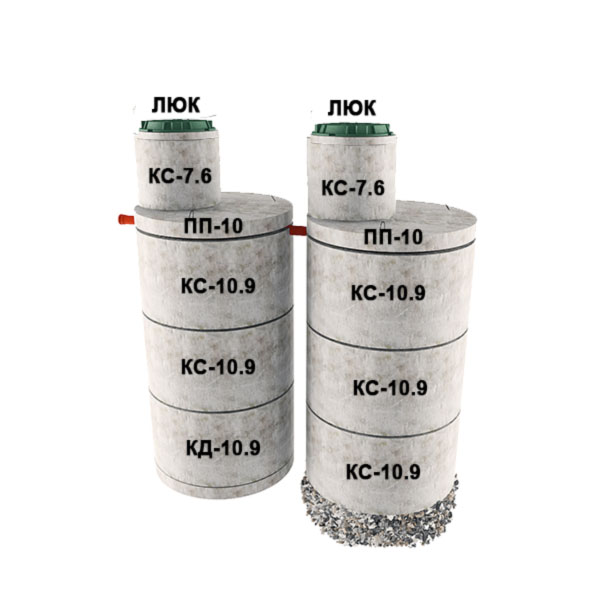 2 стакана из 3х колец Ø1м с доборкой 0,6м (5хКС10.9, КД10.9, 2хПП10, 2хКС7.6)