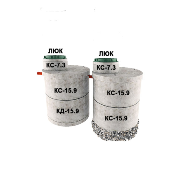 2 стакана из 2х колец Ø1,5 с доборкой 0,3м (3хКС15.9, КД15.9, 2хПП15, 2хКС7.3)