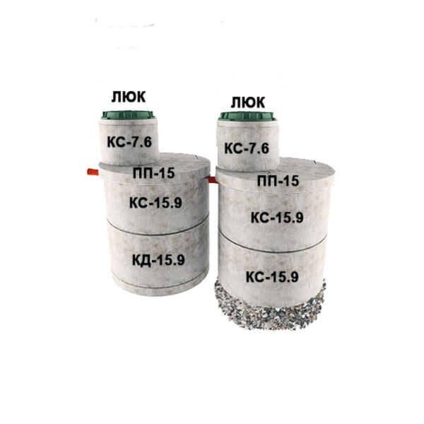 2 стакана из 2х колец Ø1,5 с доборкой 0,6м (3хКС15.9, КД15.9, 2хПП15, 2хКС7.6)