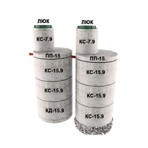 2 стакана из 3х колец Ø1,5 с доборкой 0,9м (5хКС15.9, КД15.9, 2хПП15, 2хКС7.9)