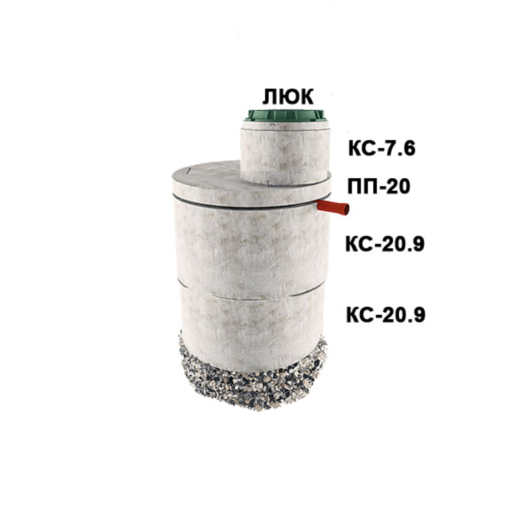 1 стакан из 2х колец Ø2 с доборкой 0,6м (2хКС20.9, ПП20, КС7.6)