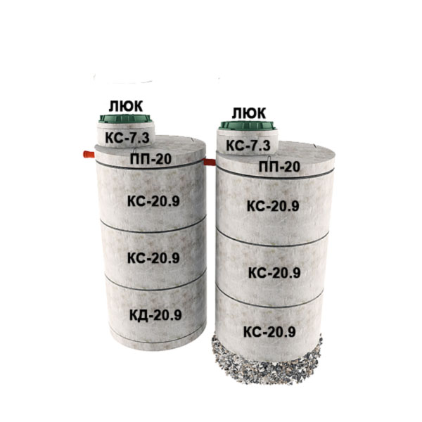 2 стакана из 3х колец Ø2 с доборкой 0,3м (5хКС20.9, КД20.9, 2хПП20, 2хКС7.3)