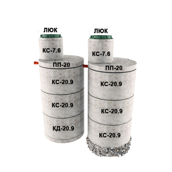 2 стакана из 3х колец Ø2 с доборкой 0,6м (5хКС20.9, КД20.9, 2хПП20, 2хКС7.6)