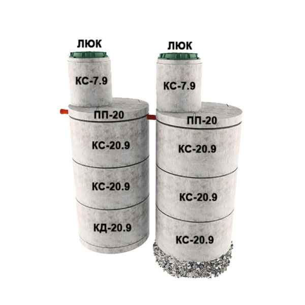 2 стакана из 3х колец Ø2 с доборкой 0,9м (5хКС20.9, КД20.9, 2хПП20, 2хКС7.9)